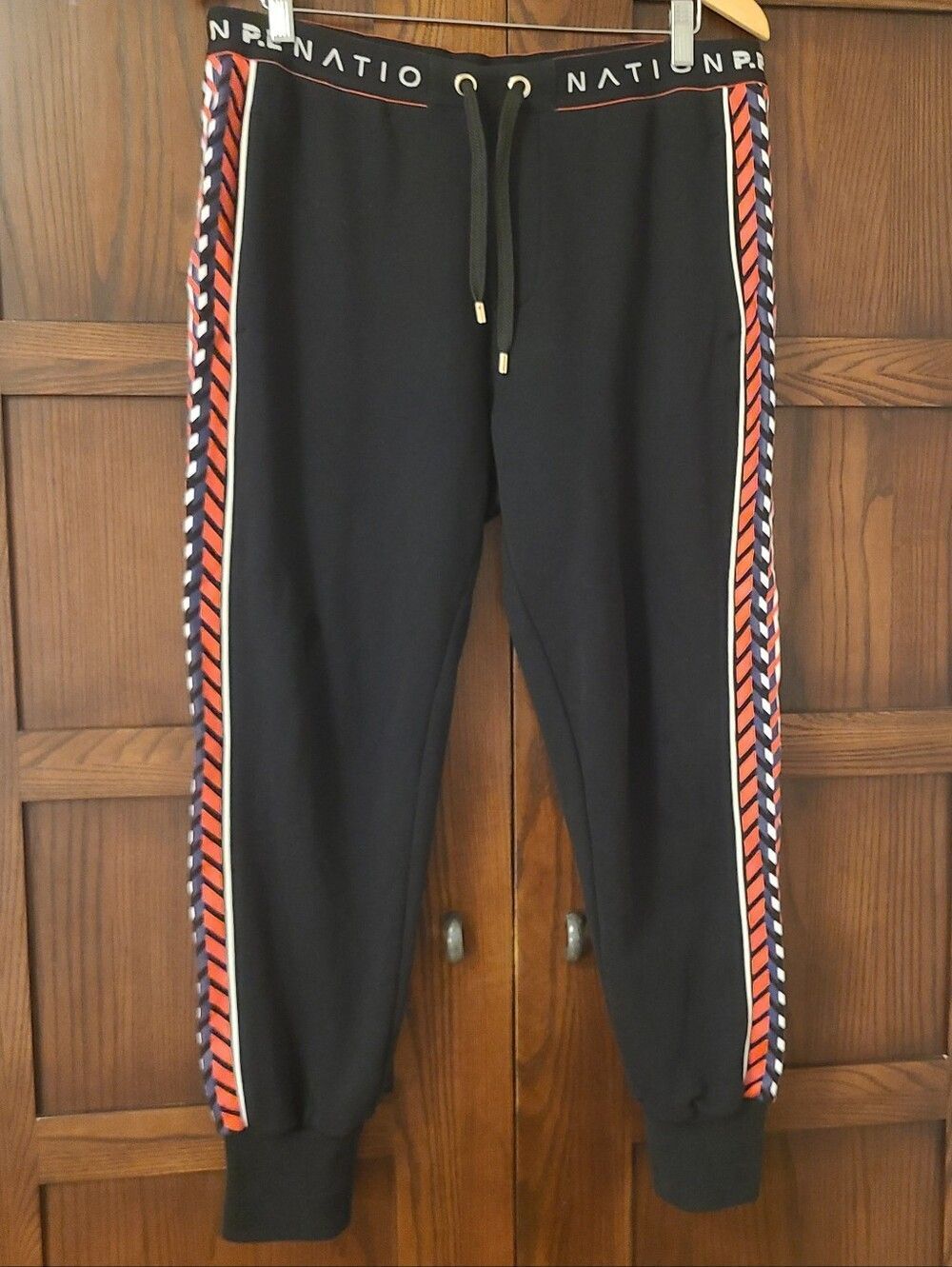 P.E NATION Black Track Joggers with Red White Blue Graphic Side Stripes Size Med